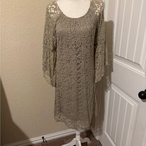 Tan Sheath Midi Dress with Bishop Sleeves